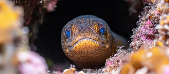 Fototapeta premium Close-up of a Moray Eel in Its Coral Reef Lair