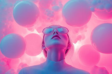 woman with glasses in place full of pink balloons