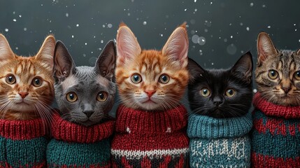Adorable cats wearing festive sweaters in a winter setting