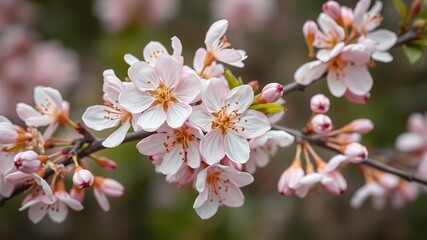Obraz premium Blossom branch adorned with delicate pastel pink and white cherry plum flowers, cherry blossoms, spring blooming flowers, nature