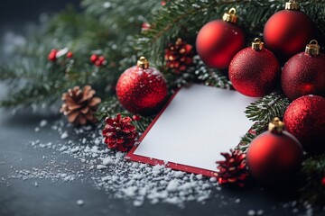 A white, blank frame with red Christmas ornaments and snow, a Christmas card template