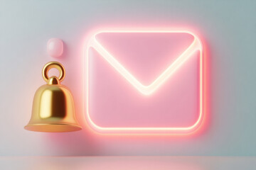 A glowing pink email icon with a golden bell, representing notifications and communication in a modern, digital context.