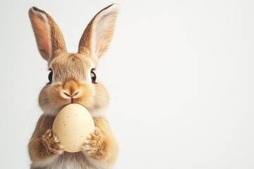 Obraz premium A Easter bunny holding an Easter egg, isolated on a white background, in a simple style. 