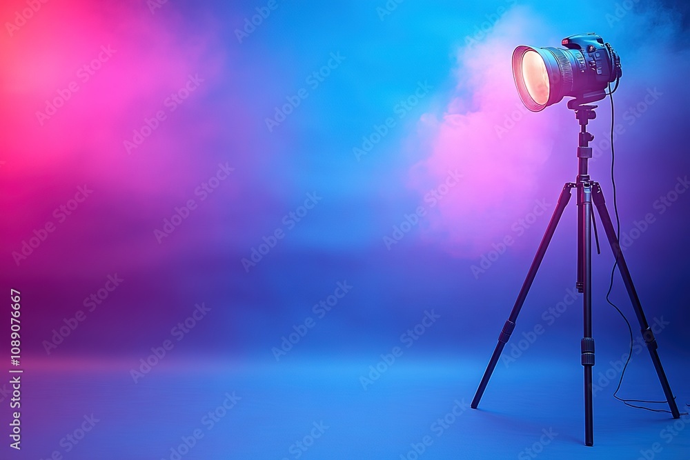Poster a light stand with a bright light on it is set up in front of a blue background