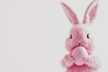 Obraz premium A Easter bunny holding an Easter egg, isolated on a white background, in a simple style. 