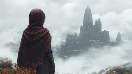 A figure in a red cloak gazes at a towering, mist-covered castle in a mystical landscape.