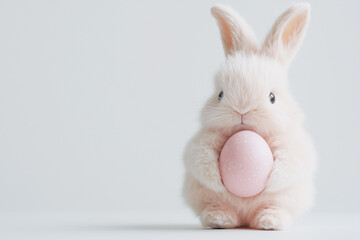 Obraz premium A Easter bunny holding an Easter egg, isolated on a white background, in a simple style. 