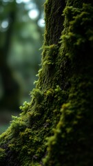 Lush green moss blankets a tree trunk in a Pacific Northwest forest during a summer afternoon