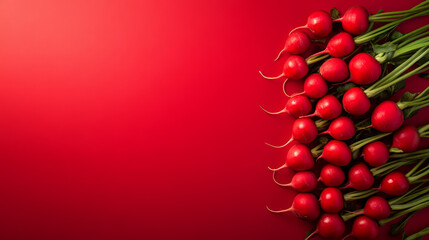 "Stock photo of a group of red vegetables arranged in a banner shape against a red background. The image features a variety of vibrant red vegetables, perfect for promoting healthy eating, vegetarian 