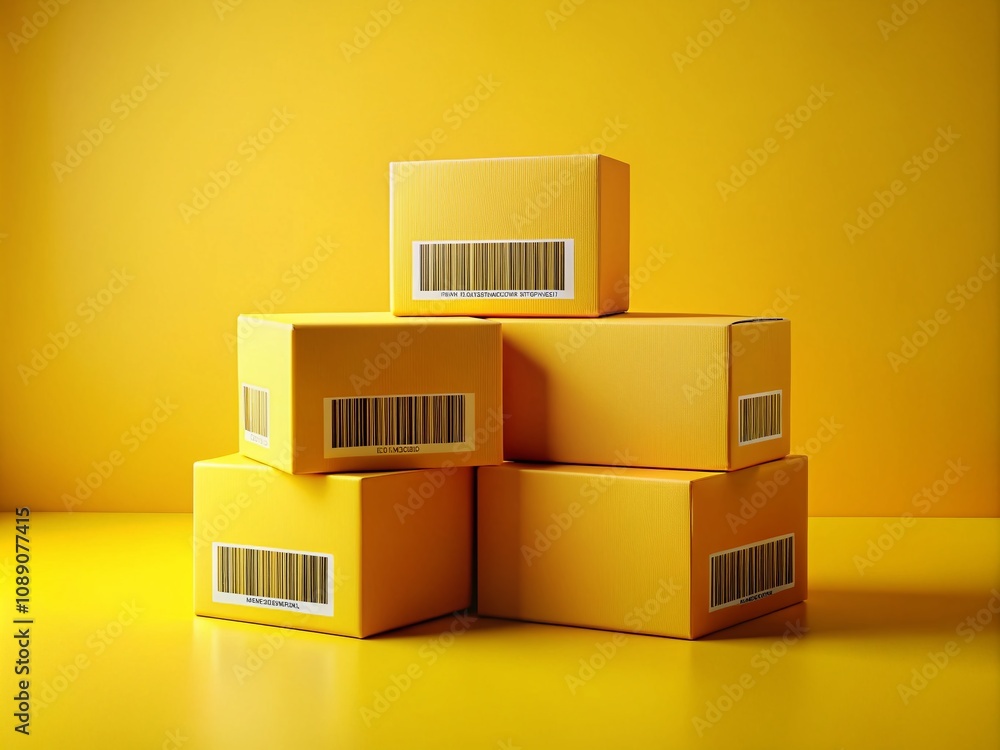 Poster a stacked arrangement of four yellow boxes with barcodes for product photography in an organized dis
