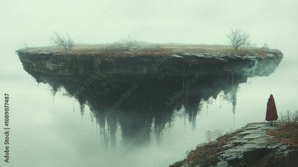 Poster a mysterious figure in a red cloak stands before a floating island shrouded in mist.