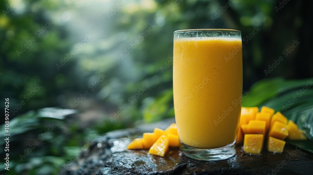 Poster refreshing mango smoothie in a tropical setting