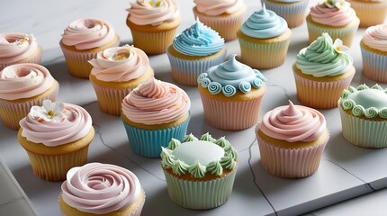  close-up shot of an assortment of delicately decorated cupcakes, each featuring intricate buttercream designs in soft, calming pastel hues of pale pink, baby blue, and mint green, arranged artfully o