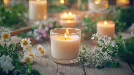 Glowing Natural Soy Wax Candles and Fresh Flower Display on Wooden Table