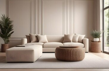 Obraz premium Modern living room with neutral tones and natural elements featuring a comfortable sofa and stylish woven coffee table