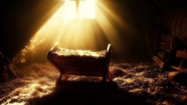 Serene nativity scene empty wooden cradle with cross illuminated by radiant light rays
