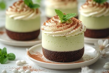 A white plate with a green and brown dessert with a mint leaf on top