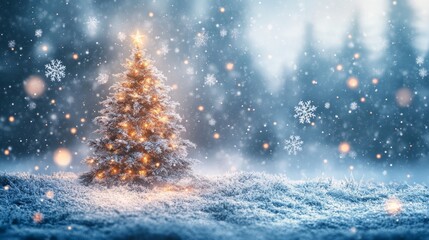 A serene winter scene featuring a decorated Christmas tree amidst falling snowflakes.