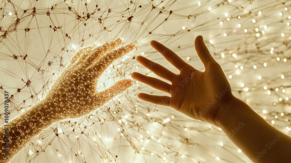 Poster human and digital connection: two hands reaching towards each other representing interaction between