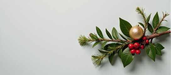 Winter-themed still life featuring traditional holiday dcor vintage ornaments and berries amongst lush green foliage on an isolated background