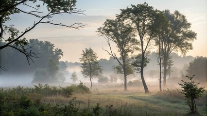 Obraz premium Misty Morning in the Woods soft light envelops misty woods scene, serene scene, natural ambiance