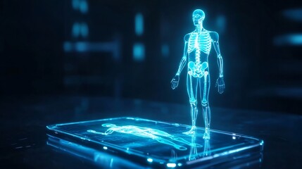 Glowing Futuristic Handheld Medical Scanner with Holographic Diagnostic Display