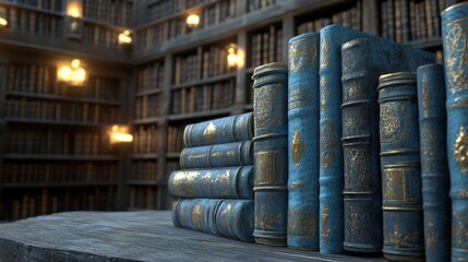 A Stack of Vintage Blue Books in a Library Setting