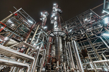 Obraz premium Oil refinery pipeline heavy plant from industry zone, night view oil and gas petrochemical