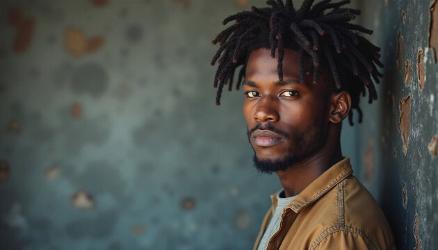 Young man with dreadlocks looking thoughtful against weathered wall