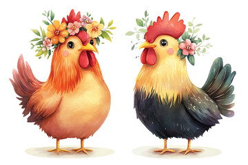 Fototapeta premium Whimsical Rooster and Hen in Floral Wreaths