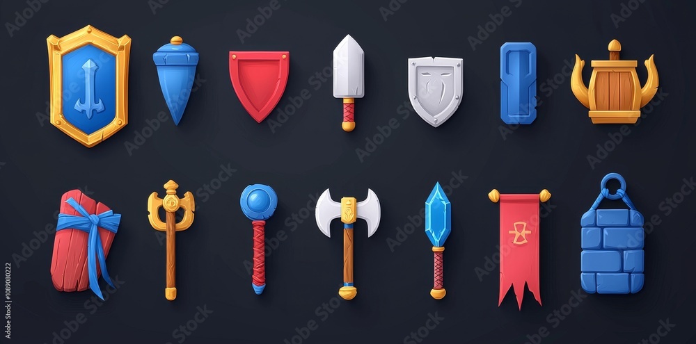 Poster isolated modern set of game frames and menu buttons with a royal crown and banners. sliders, red and