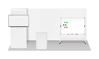 Trade show booth display kit mock-up. Expo tradeshow set template. Backdrop banner stand with LCD monitor, exhibition table counter, writing whiteboard with magnets and markers. 3d vector mockup