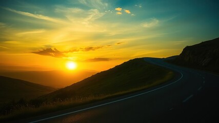 greens and yellows of sunset on a winding road, golden hour, racing