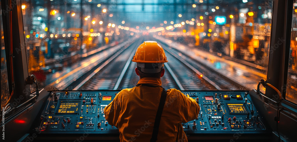 Poster engineer operating control panel in modern train railway network technology interface
