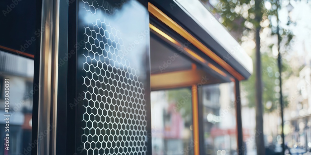 Poster a close-up of a bus shelter mock-up with customizable graphics, highlighting brand visibility