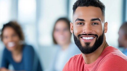 Naklejka premium Smiling Bearded Man in Casual Attire Collaborating with Coworkers in Bright Coworking Space
