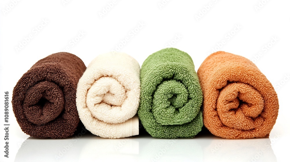 Poster rolled up soft fluffy towels arranged neatly on white background
