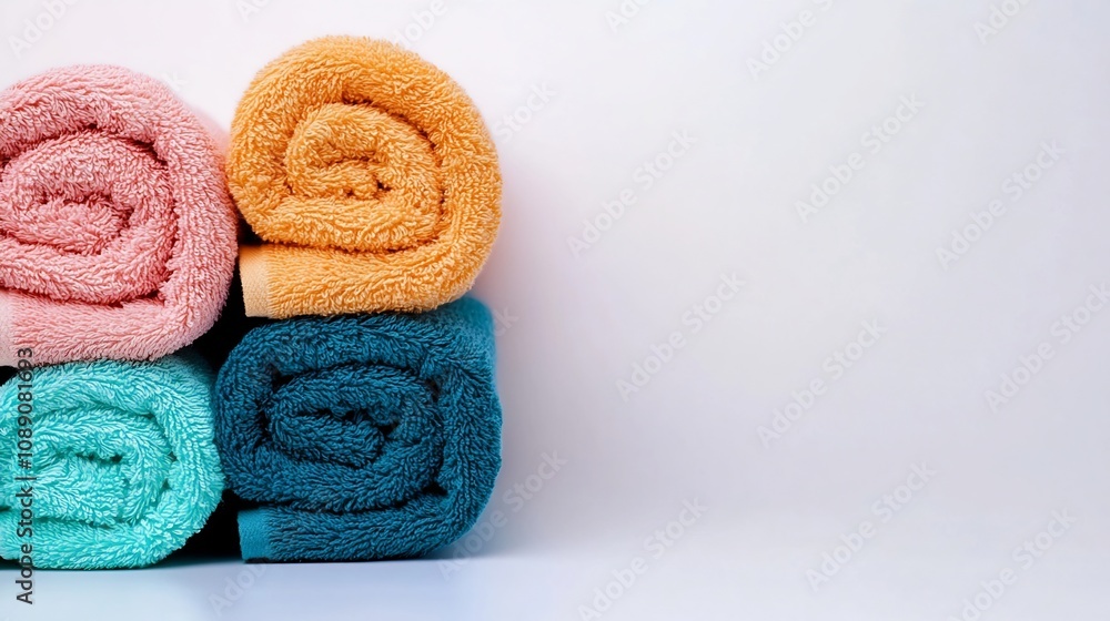 Poster neatly rolled and stacked soft towels on white background