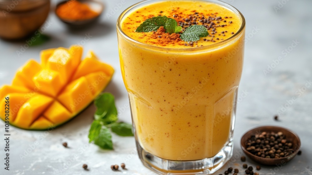 Poster refreshing mango smoothie with spices