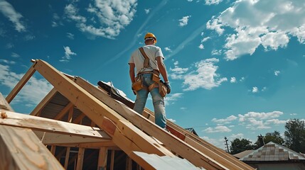 A construction worker stands on a roof under a bright sky, overseeing the building process.