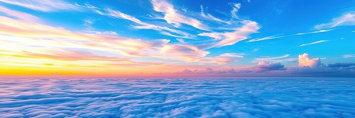 Obraz premium Vibrant hues of pink, orange, yellow, and purple dance across the horizon as wispy clouds drift lazily across a brilliant blue expanse, blue, clouds