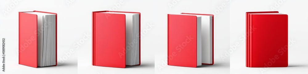 Poster book 3d rendering with red cover from different angles. volume mockups with closed and open covers. 