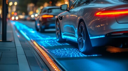 A silver car drives down a street at night. The car's tires are driving over a blue, illuminated surface, creating a line of light as the car moves.