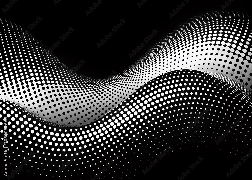 Poster abstract black and white technology wave background with dots pattern and halftone effect for modern