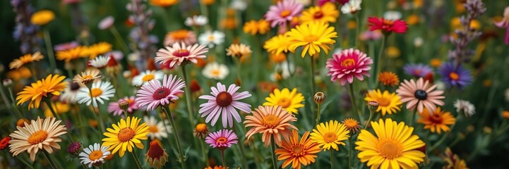 Close-up shot of a variety of colorful wildflowers in a flower-filled garden, bouquet, arrangement, colors