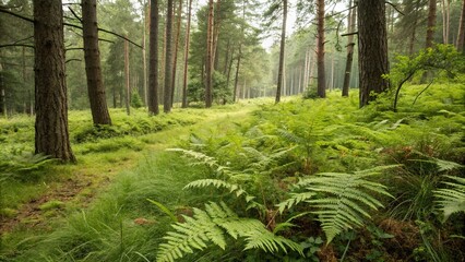Fototapeta premium Soft grasses and ferns carpeted forest floor, natural texture, tree roots, woodland ambiance, serene landscape, natural beauty