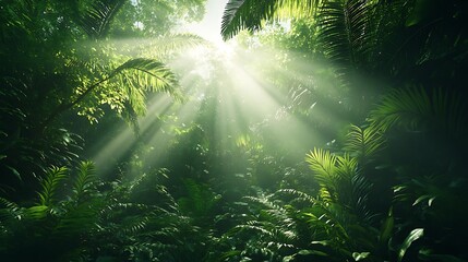 Obraz premium Sunlight Streaming Through Lush Green Forest Canopy