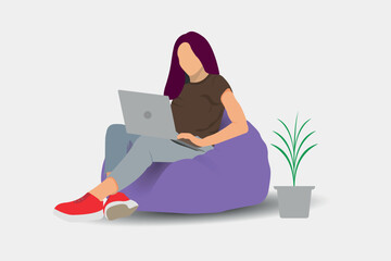 SEO flat character cartoon illustration and a woman sits on a purple pillow with a laptop.