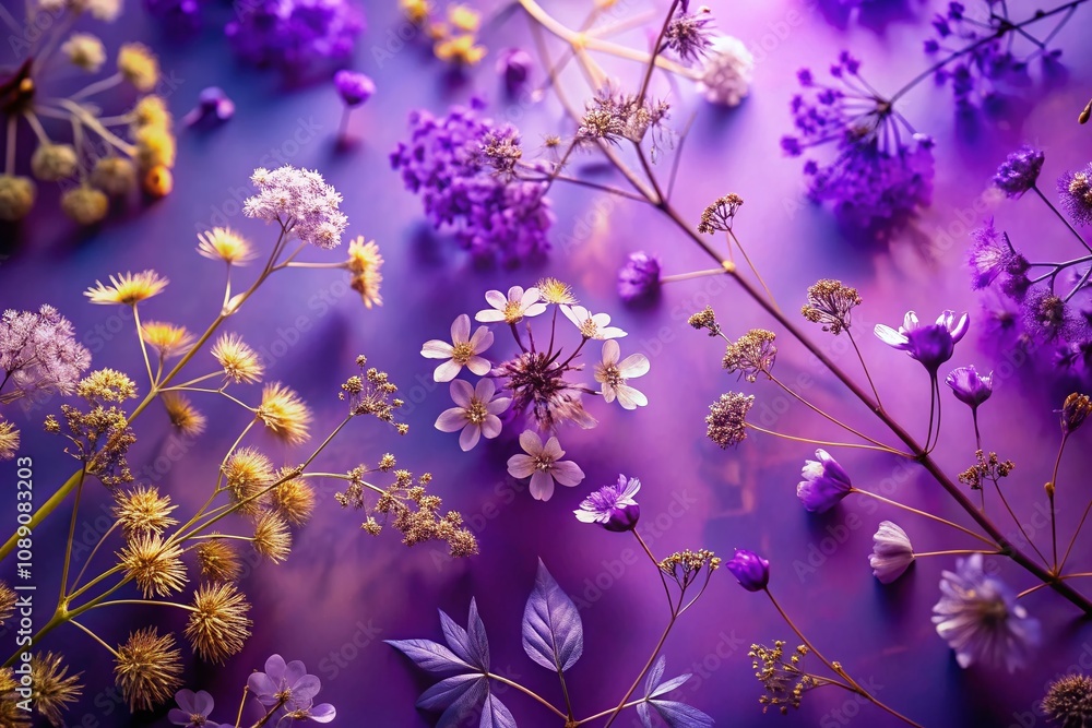 Poster abstract botanical prints on a violet background with floating small flowers in loop motion - enchan