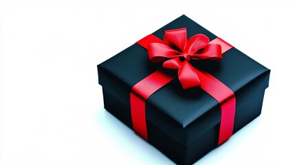 Fototapeta premium Elegant Black Gift Box with Red Ribbon on White Background